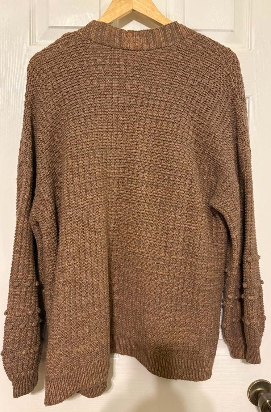 GUC Maurices Brown Waffle Knit Open Front Cardigan with Pom Detail, size 2X - Picture 4 of 7